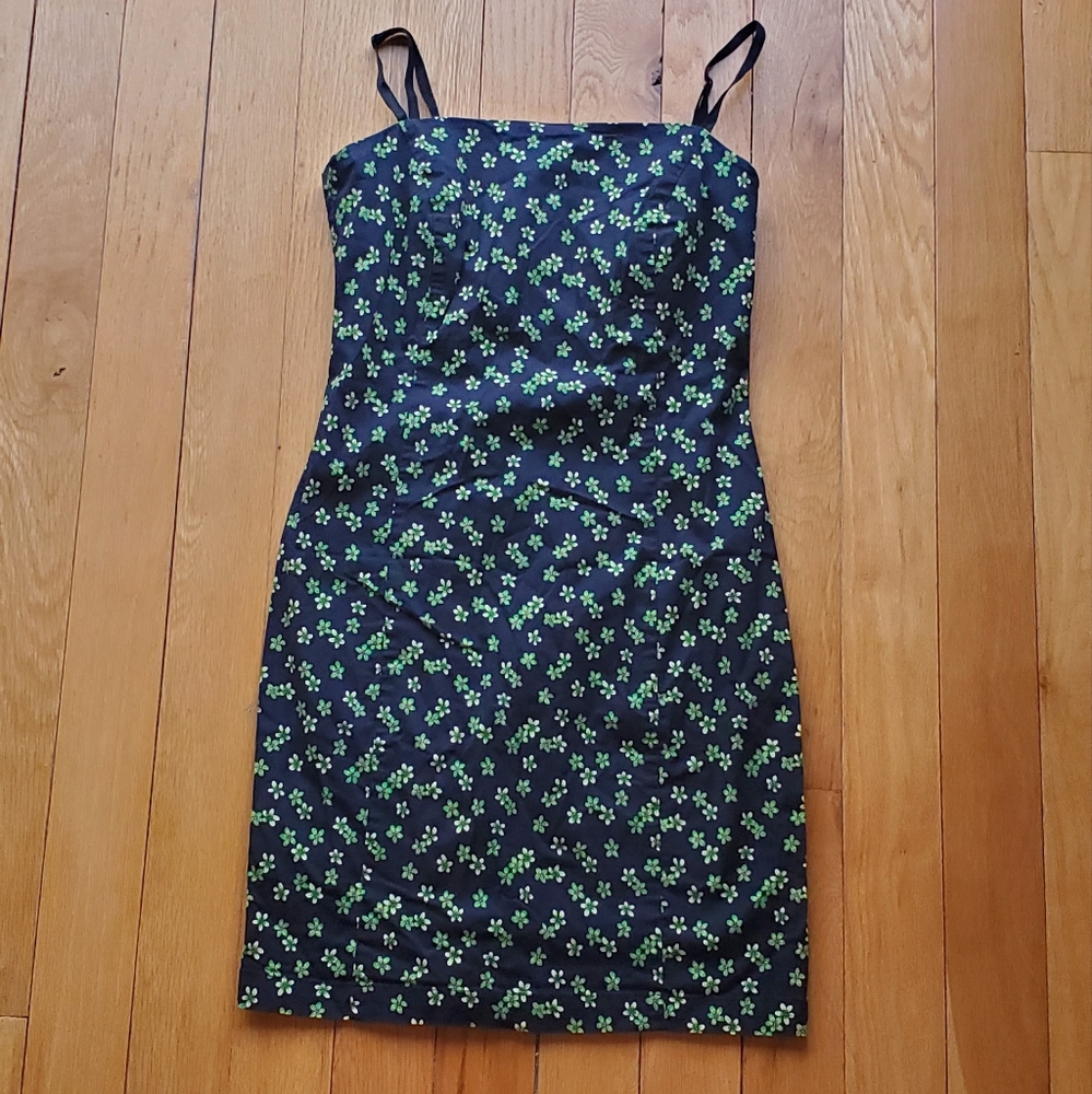 Black Mini Dress with Green Floral Print - Sleeveless Spaghetti Strap